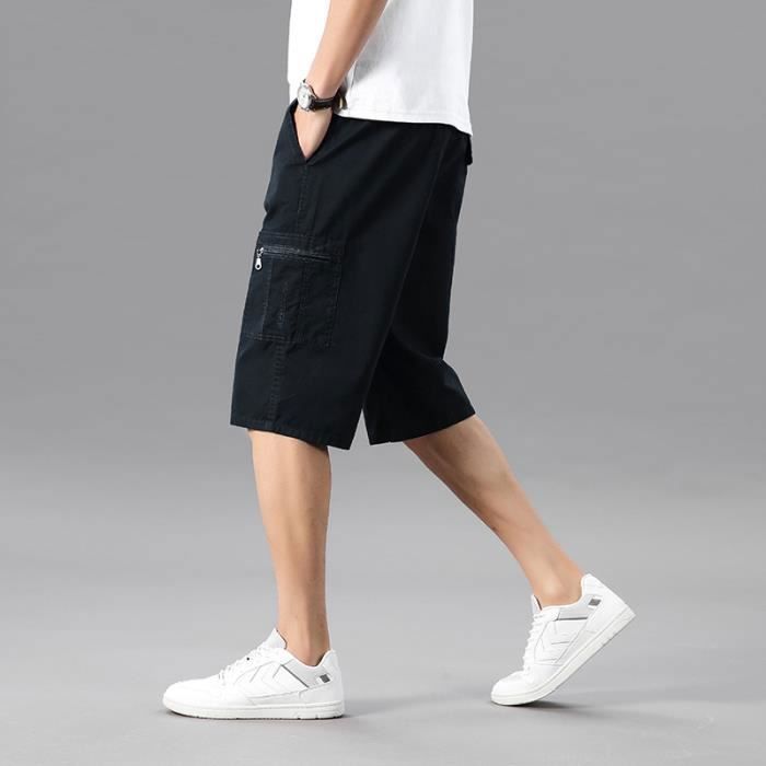 pantacourt-cargo-homme-en-coton-coupe-droite-taille-elastique-casual