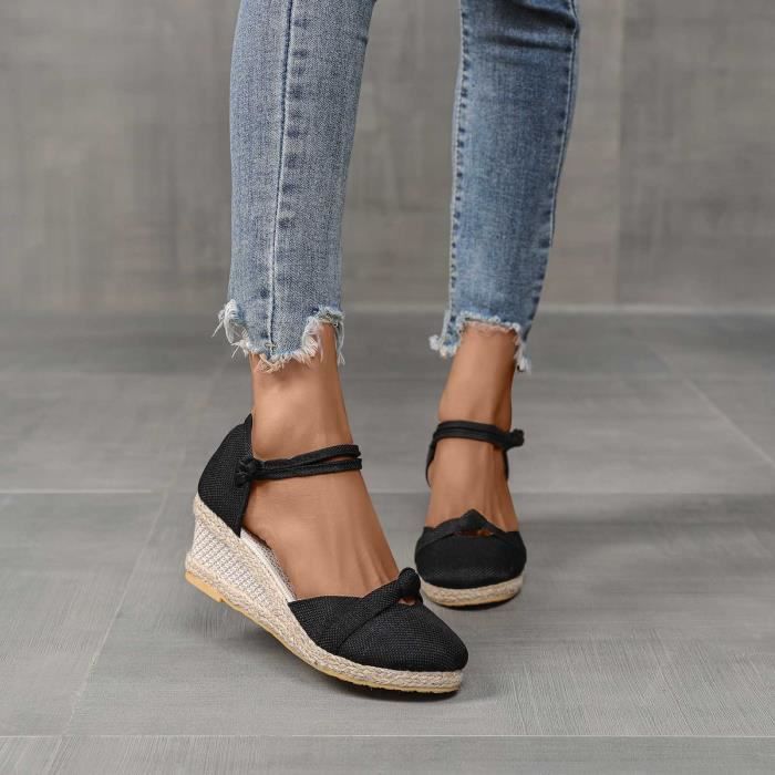 Sandales Chaussures D Ete Pour Femmes Semelle Epaisse Compensee Sandales A Bout Ferme Sandales Decontractees Noir Noir Cdiscount Chaussures