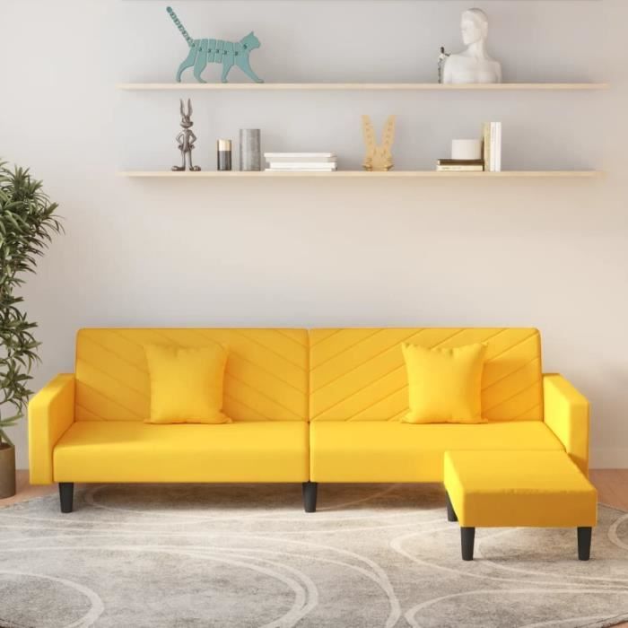 9340(meuble)2 places - sofa convertible en lit - canapé-lit 2 places - 2 oreillers - et repose-pied jaune velours