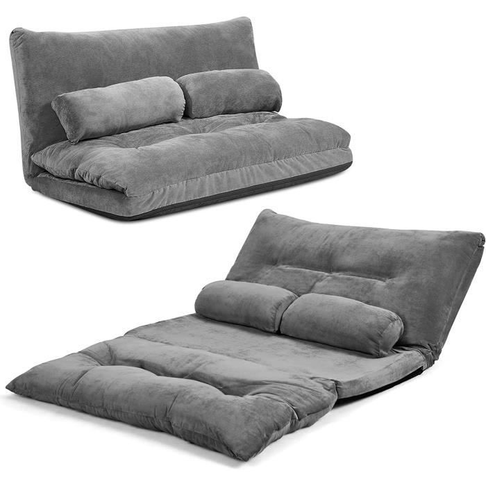 RELAX4LIFE Chauffeuse 2 Places Pliable en Velours Côtelé Réglable à 6 Positions avec 2 Oreillers Housse Amovible Gris