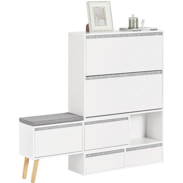 SoBuy FSR134-W Meuble à Chaussures avec 1 Banc de Rangement Amovible (124-92) x 24 x 115