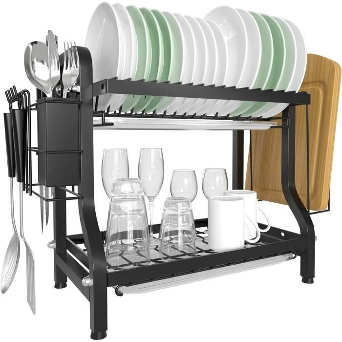 Egoutoire Vaisselle,Egoutoire Vaisselle Cuisine à 2 Niveaux en INOX avec  Porte-ustensiles et bac d'égouttement. (42×30×29 cm) Noir - Cdiscount Maison
