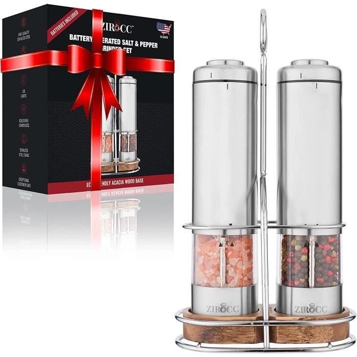 Lot de 2 moulins à sel et poivre électriques en acier inoxydable à piles avec lumière (lot de 2) - Fonctionnement automatique à une main - Moulins réglables en céramique Lot de 2 moulins à sel et poivre électriques en acier inoxydable à piles avec lumière (lot de 2) - Fonctionnement automatique à une main - Moulins réglables en céramique