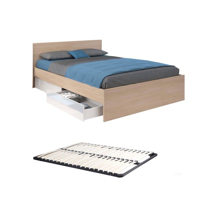 Lit avec 2 tiroirs 160 x 200 cm - Coloris : Naturel et blanc brillant + sommier - VELONA