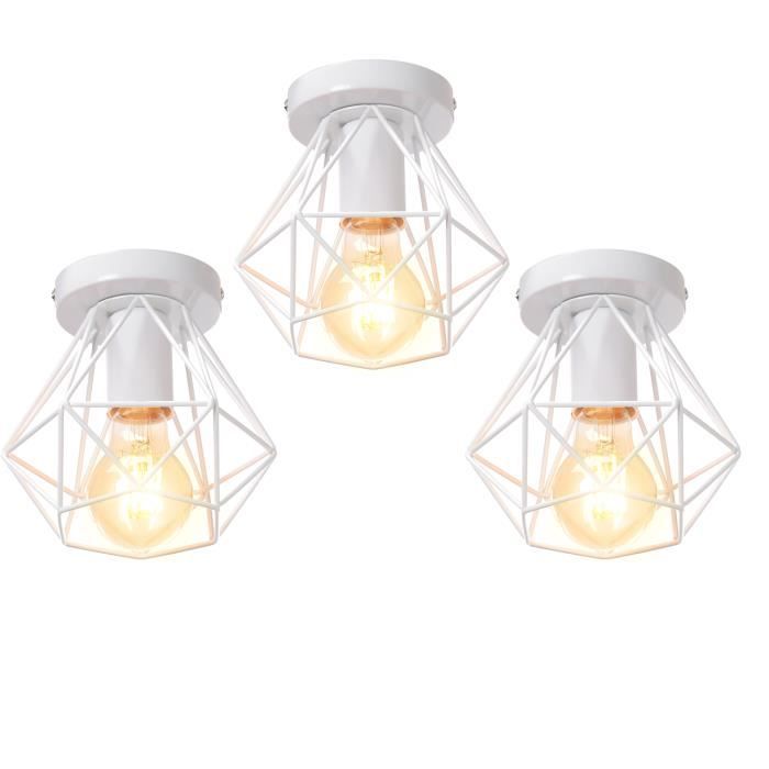 Plafonnier Industriel Cage Métal Diamant Blanc - WOTTES - 3 ampoules E27 - 40W
