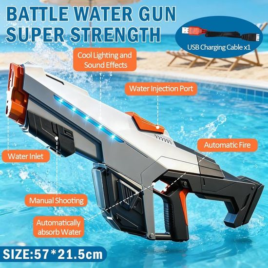 Pistolet à Eau électrique – Puissant, Portée 10 M, Réservoir 610 Ml, Recharge USB – 2 Modes – Enfant Et Adulte – Été 2026
