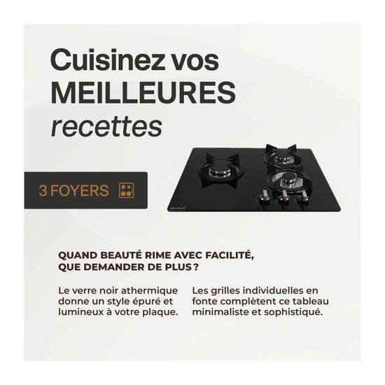 PLAQUE DE CUISSON GAZ 3 FOYERS - VERRE NOIR