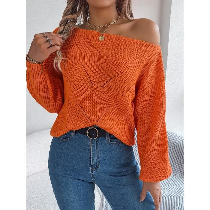 Pull Femme En Tricot paules D nud es Col Bateau Casual Pullover