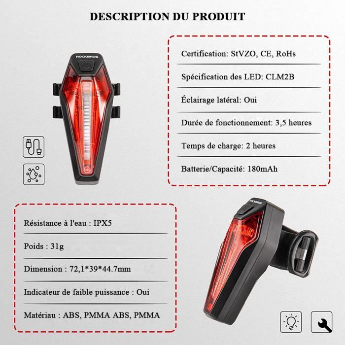 Lumiere Velo Éclairage Vélo Avant/arrière USB Rechargeable RockBros - LED Puissante - Étanche - Pour VTT, Route, Vélo électrique Phare Vélo RockBros