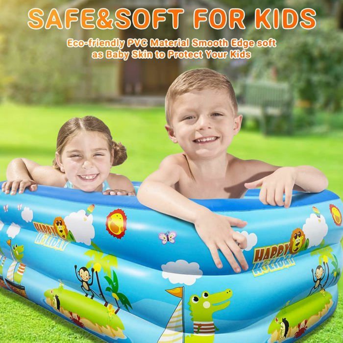 Piscine Gonflable Enfants 2 Anneaux Avec Fond à Bulles – Jaune Rayé Vintage, Idéale Pour Bébé Et Tout-Petits (Intérieur/Extérieur)