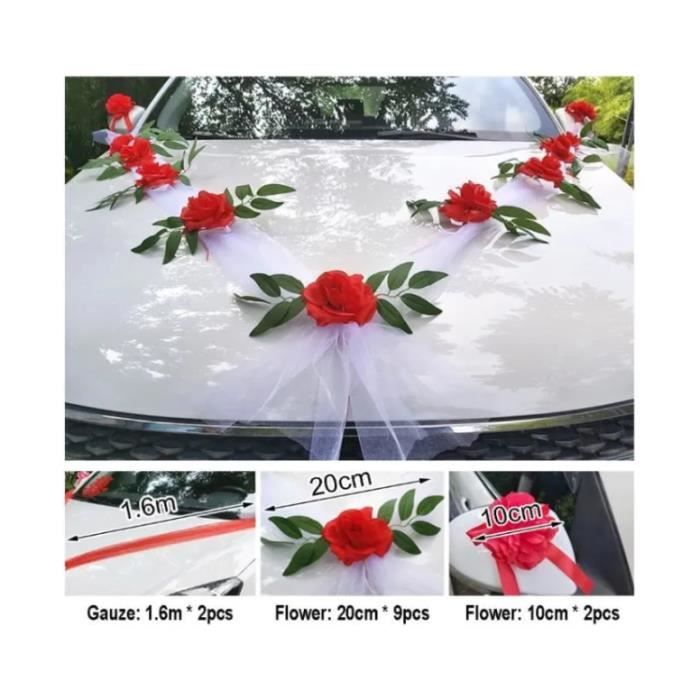 Decoration Mariage Voiture Décoration Voiture Mariage - Kit Complet 9 Roses Rubans - Blanc - Avec Ventouses Deco Voiture Mariage