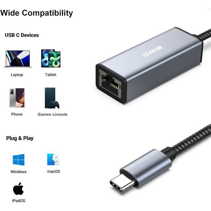 Adaptateur Double USB-A/USB-C Avec Port Gigabit Ethernet & 3 Ports USB 3.0 - Plug & Play Pour MacBook, IPad, Surface