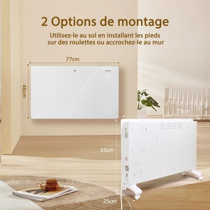 Radiateur Panneau De Verre Aigostar Helen Smart - 1000/2000W, Wi-Fi, Alexa, Minuterie, Montage Mur/Pieds