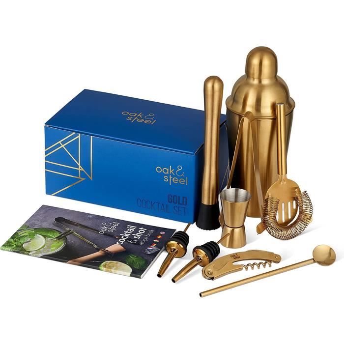 Kit Shaker Cocktail 13 Pièces - Acier Inoxydable - Support Bois - Livre De Recettes - Cadeau Bar Parfait