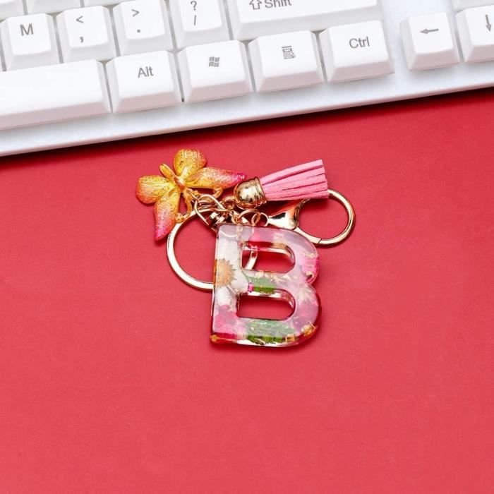 Porte-clés Lettre Initiale Avec Papillon - Résine Avec Paillettes Cœur - 10cm - Cadeau Fille Femme