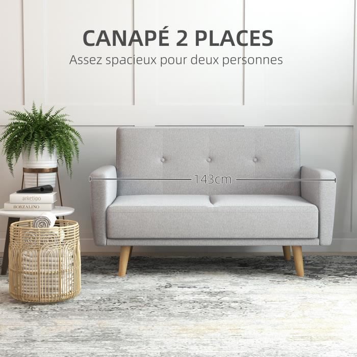 Canapé convertible 2 places design contemporain assise dossier capitonnés  polyester aspect lin gris