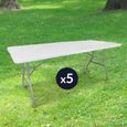 Lot de 5 Tables de Jardin Pliantes 180 cm Rectangulaire Blanche - Table de Camping 8 personnes L180 x l74 x H74cm en HDPE Haute-0