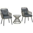Ensemble salon de jardin 3 pièces style colonial 2 fauteuils coussins table basse acier époxy noir résine filaire gris-0