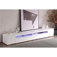 Meuble TV-Banc TV 2 Portes et 4 niches - Bois blanc brillant - avec LED 16 couleur - Design moderne - 240 L x 39 l x 35 H