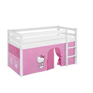 LIT MEZZANINE Lit surélevé ludique JELLE Hello Kitty rose - avec rideaux - LILOKIDS - blanc laqué