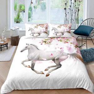 Parure De Lit 100% Coton – Housse Couette 140x200 Cm + Taie 65x65 Cm – Motif Cheval Galopant Style Far West