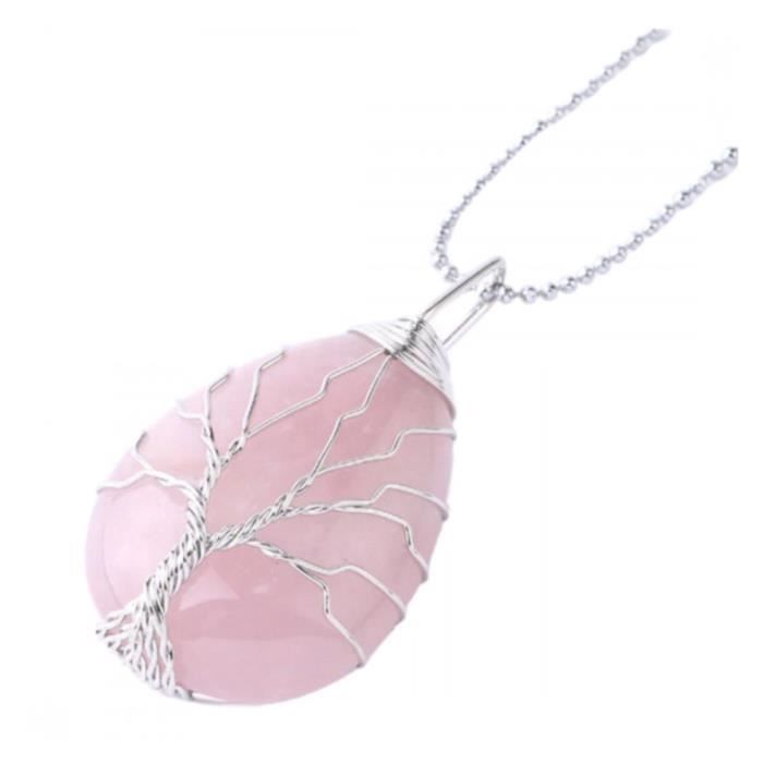 Collier argenté + pendentif goutte Arbre de vie en Quartz Rose naturel-argenté Argenté