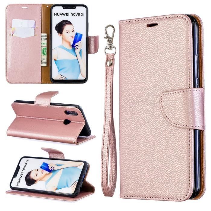 VoiceMe PU Cuir et Silicone Souple Litchi Portefeuille Magnétique Support Dragonne Housse Étui Pour Huawei P Smart Plus 2018 -Or