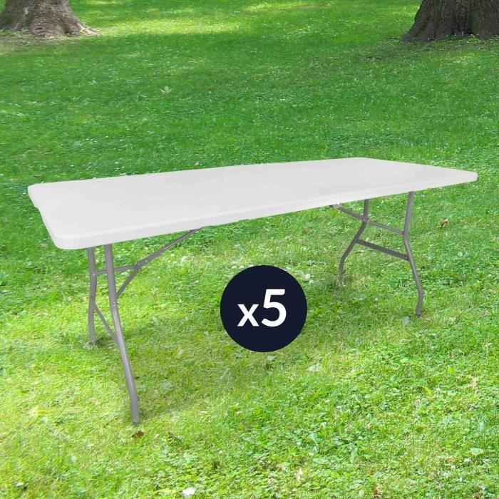 Lot de 5 Tables de Jardin Pliantes 180 cm Rectangulaire Blanche - Table de Camping 8 personnes L180 x l74 x H74cm en HDPE Haute