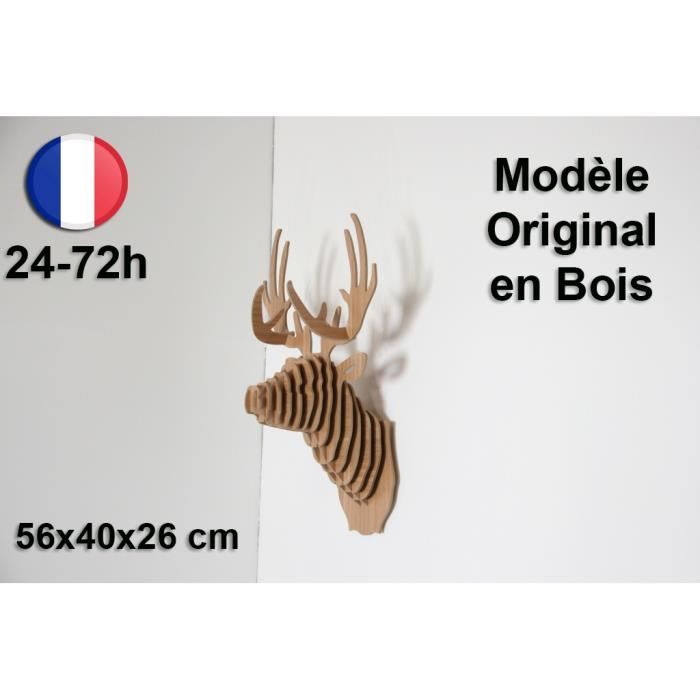 Tête de Cerf Trophée Sculpture Artdeco chasse bois luxe design - Cadeau Noel Déco Tendance