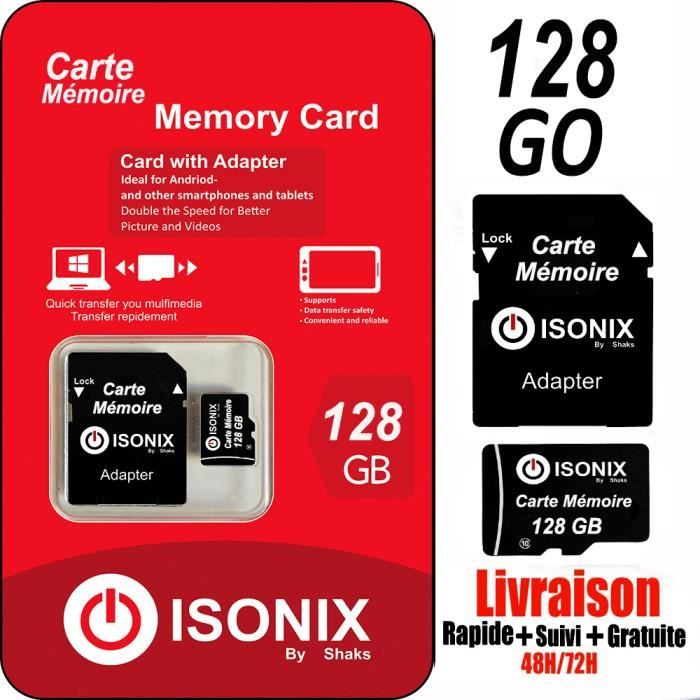 ISONIX Carte Mémoire Micro-SD 128 go SDHC/SDXC + Adaptateur 100% Réel Class 10