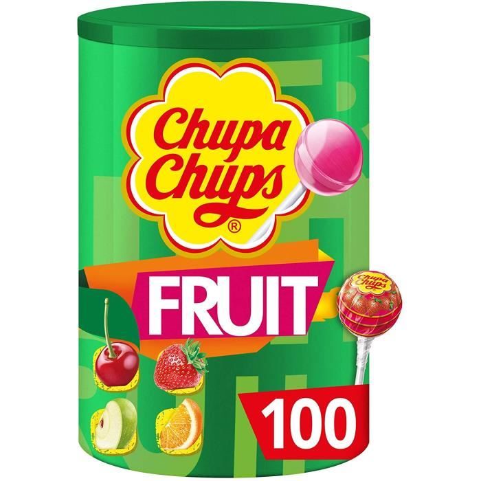 Tubo 100 Sucettes aux Fruits - Parfums Pomme Fraise Orange Cerise - Sucettes à la Pulpe de Fruit - Idéal pour Fêtes