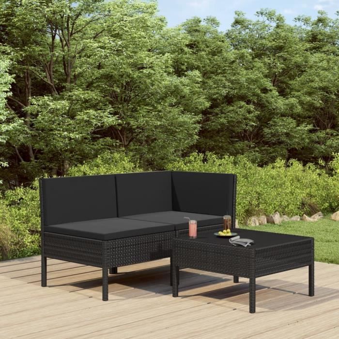 KIMISS Salon de jardin 3 pcs avec coussins Résine tressée Noir-MAD