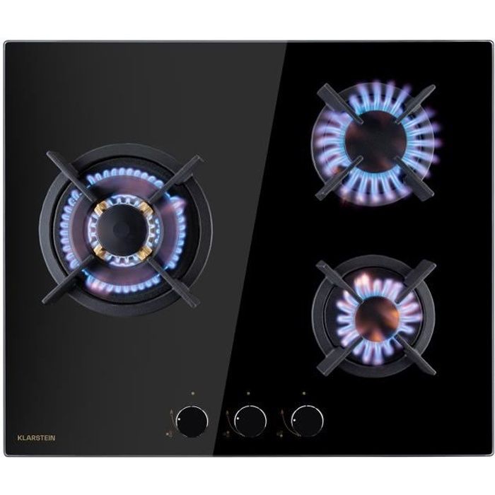 Plaque gaz 3 feux encastrable - Klarstein - 60 cm - tables de cuisson vitrocéramique - plaque de cuisson gaz - cuisinière - noir
