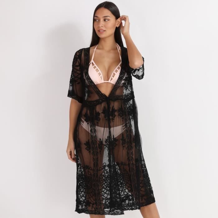 Kimono de plage long noir en dentelle fleurie