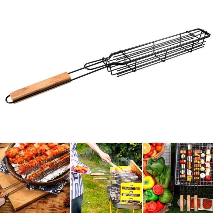 Panier à barbecue en forme de barre de fer et panier à brochettes en bois