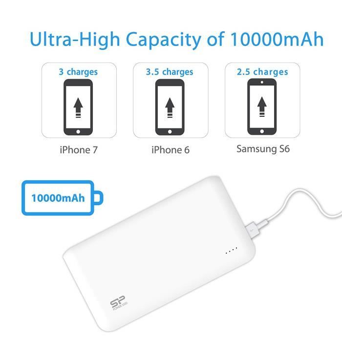 Batterie Externe Power Bank 10000 mAh, Charge 2 appareils à la fois, 3.5 Charges completes 1 seul cycle, Blanc- SILICON POWER