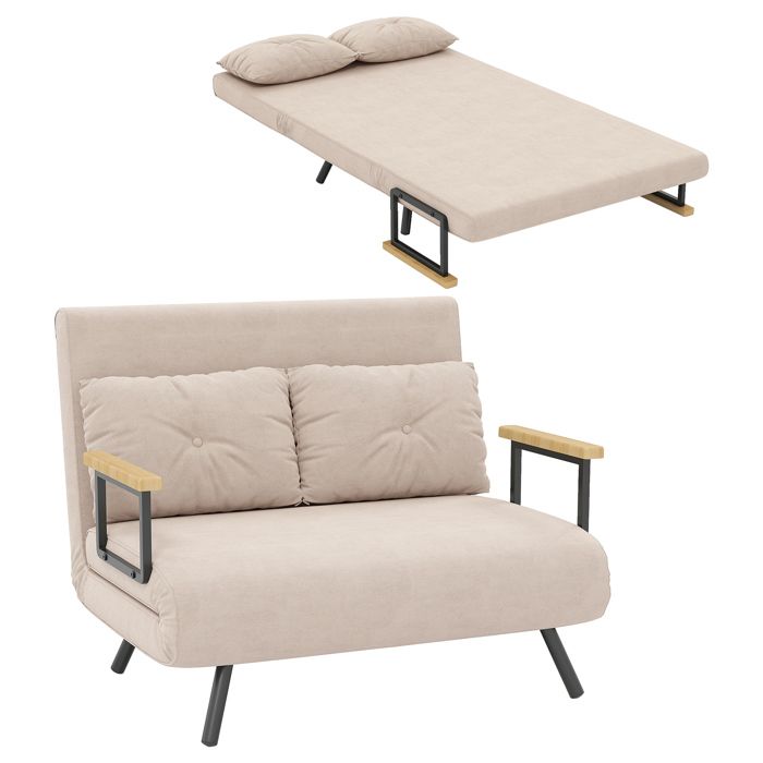 Canapé convertible HOMCOM 2 places avec dossier réglable à 5 niveaux et 2 coussins rembourrés revêtement effet velours beige