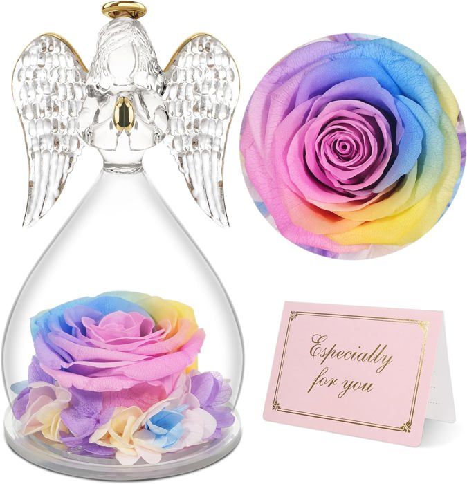 Rose Éternelle Sous Dôme Avec Ange - Cadeau Femme Maman Épouse, Fleurs Préservées 3-5 Ans, Lumière & Carte Incluse