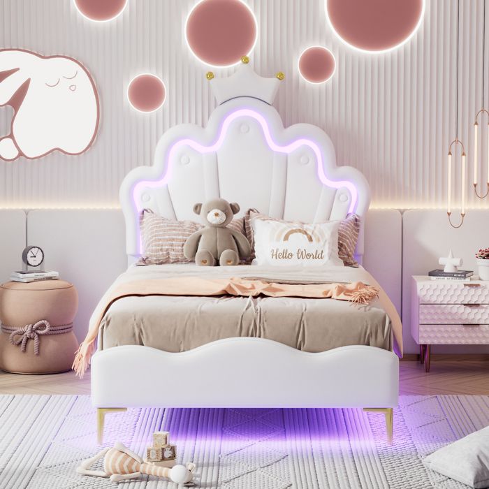 Lit enfant 90x200 cm lit simple rembourré PU avec tête de lit et sommier à lattes blanc