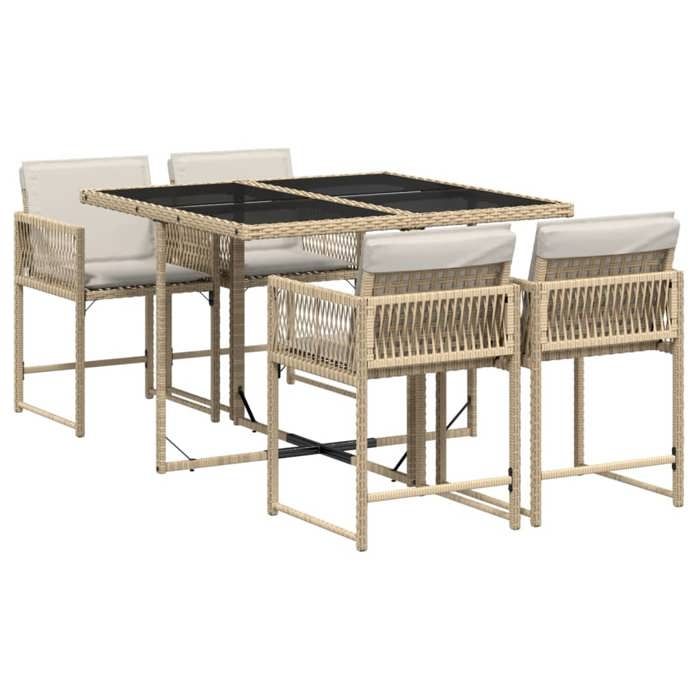 JILI Ensemble à manger de jardin - avec coussins - 5pcs - anti-intempéries - Beige poly rotin LLL639