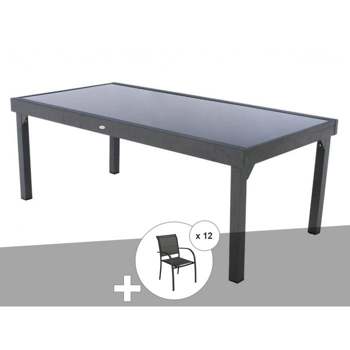 Ensemble repas table extensible rectangulaire en verre Piazza + 12 fauteuils Piazza - Hesperide