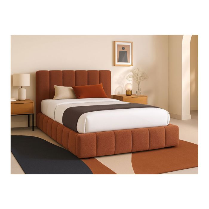 Cadre de lit BULLE rembourré avec coffre en tissu bouclette terracotta - couchage 140x190cm Cadre de lit BULLE rembourré avec coffre en tissu bouclette terracotta - couchage 140x190cm