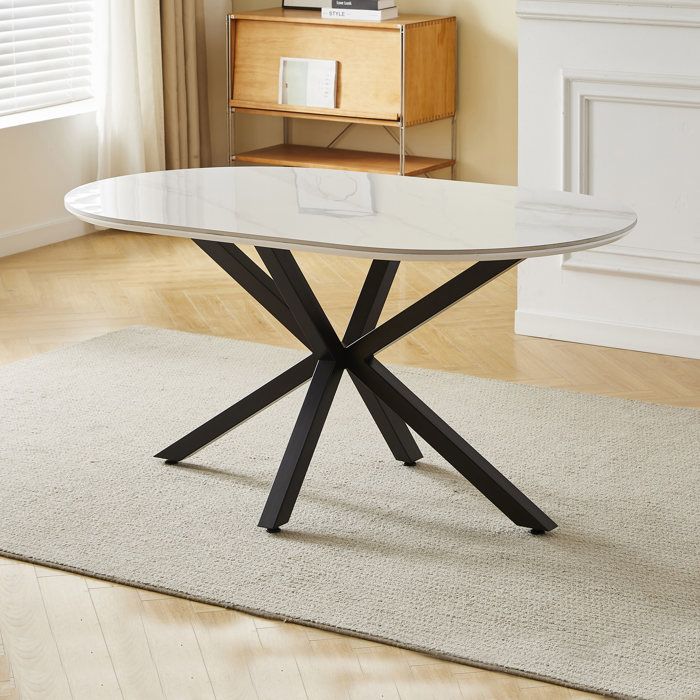 Table à manger LUCIA - 6 personnes - Plateau en céramique effet marbre blanc - Pieds en métal noir