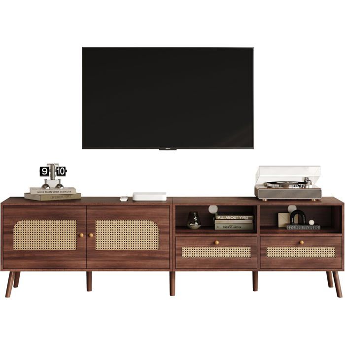 Meuble TV Bois Armoire TV Blanc avec LED Banc TV avec 3 Compartiments Ouverts en Verre 6
