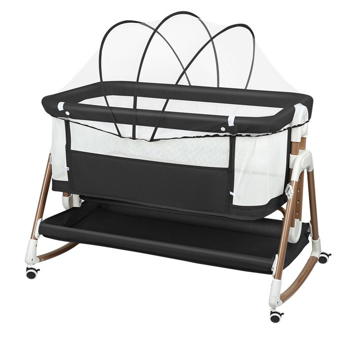 Lit Bébé Cododo avec Matelas et Moustiquaire - 6 Hauteur Réglable - Inclinaison - 90x60x90-115 cm - Noir+Or - LVHCMFOHM
