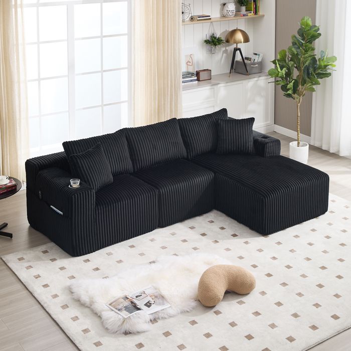 Canapé modulable noir 2 places avec méridienne en velours côtelé — 257×90–160×62 cm 5 coussins