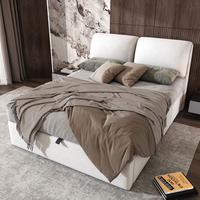 Lit tapissé 140x190 cm avec coffre de rangement et 3 tiroirs Maisentiel