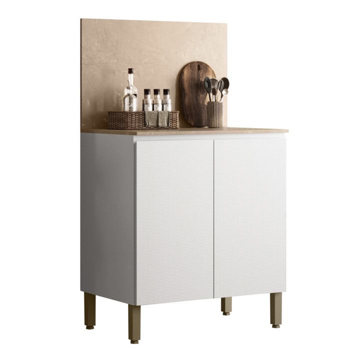 Meuble de Cuisine Bas 2 Portes 2 Niches Blanc et Crédence Marbre L 80 H 91.5 P 53.3 cm - L 80 x l 53.3 x H 91.5 cm