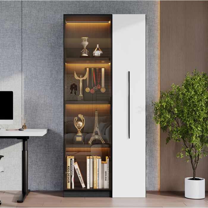 Vitrine LED avec porte en verre. tiroir latéraux coulissants. armoire à roulettes MDF. 70x40x160 cm. noir/blanc