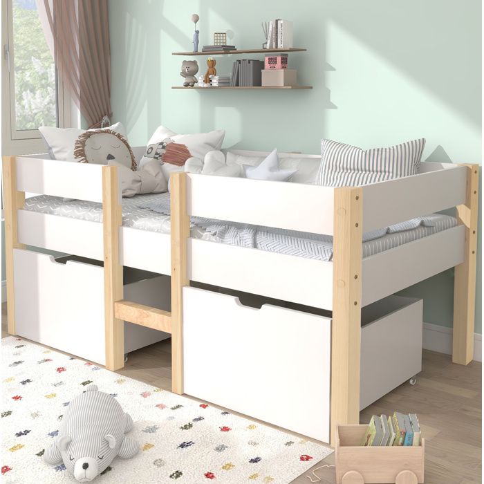 Lit enfant mezzanine mi-hauteur blanc 90×200 cm sommier inclus tiroirs rangement structure solide